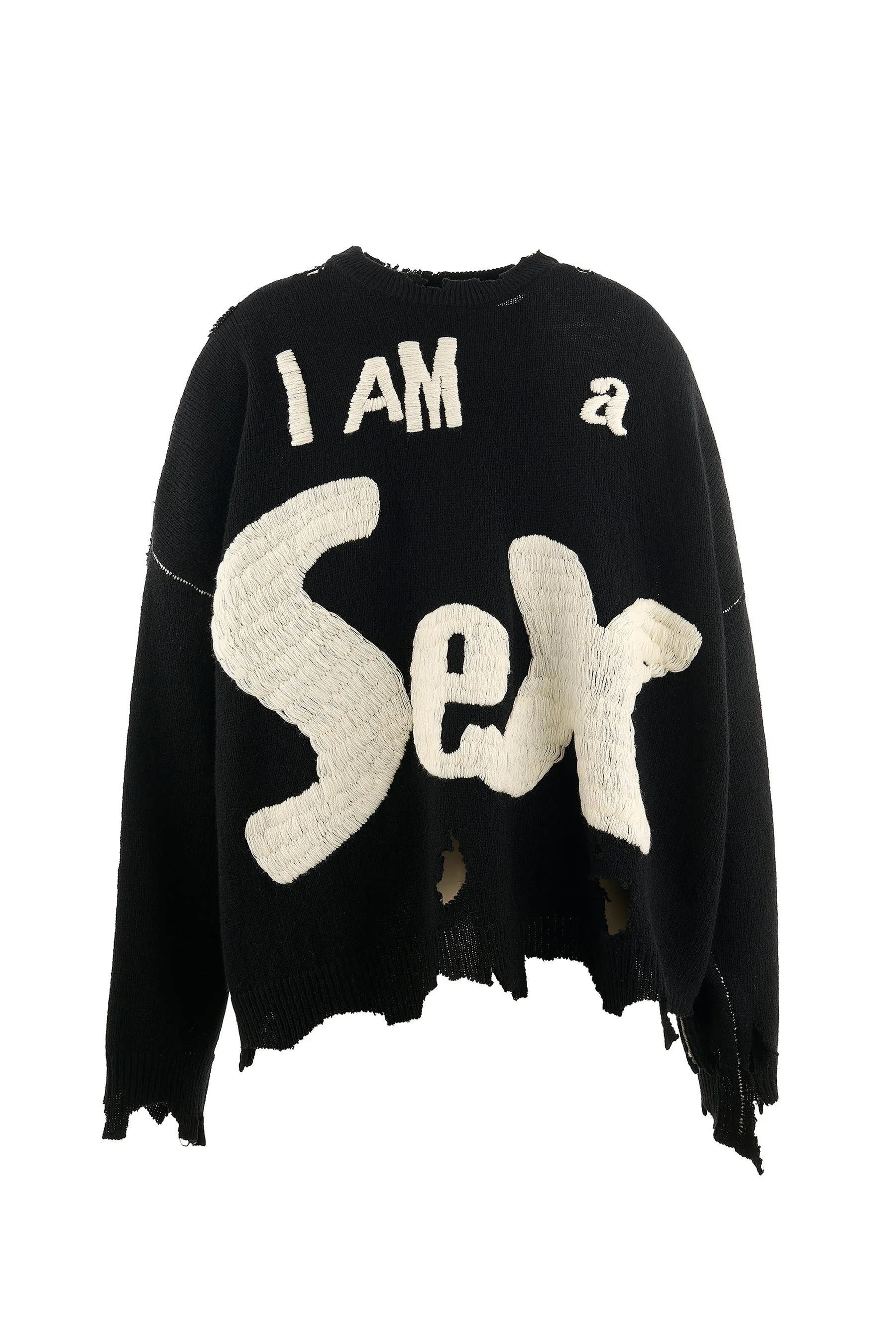 SAINT Mxxxxxx × Sex Pistols SP_CREW KNT/IAMA/BLK SEX PISTOLS band joint model destroyed hand-embroidered sweater, black S-XL, original 85% wool/15% polyester fiber blend, super complex front and rear panels, large-area hand-embroidery, hand-cut destruction treatment, custom-made correct joint main mark/wash mark